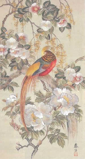 Kacho-zu (imagem de flores e pássaro) ornado com o primeiro fio de raiom trançado (feito pela esposa do primeiro presidente, Yunosuke Yasukawa, cerca de 120 × 80 cm (altura × largura), ainda presente no Museu da História Corporativa da Toray (Shiga))